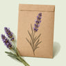 Kraft seed packet illustrated with Lavender, with fresh Lavender beside it