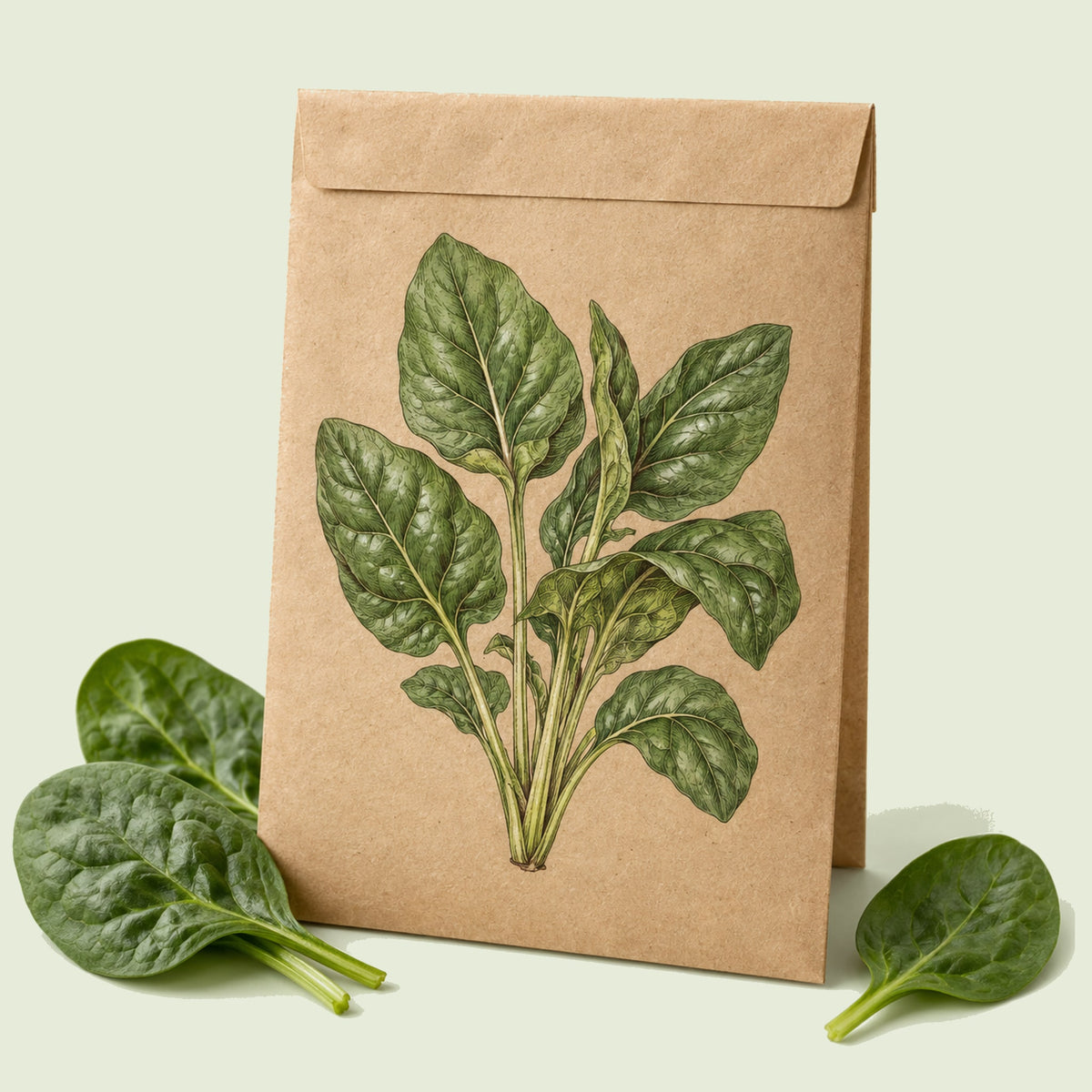 Kraft seed packet illustrated with Lavewa Open Pollinated Spinach, with fresh Lavewa Open Pollinated Spinach beside it