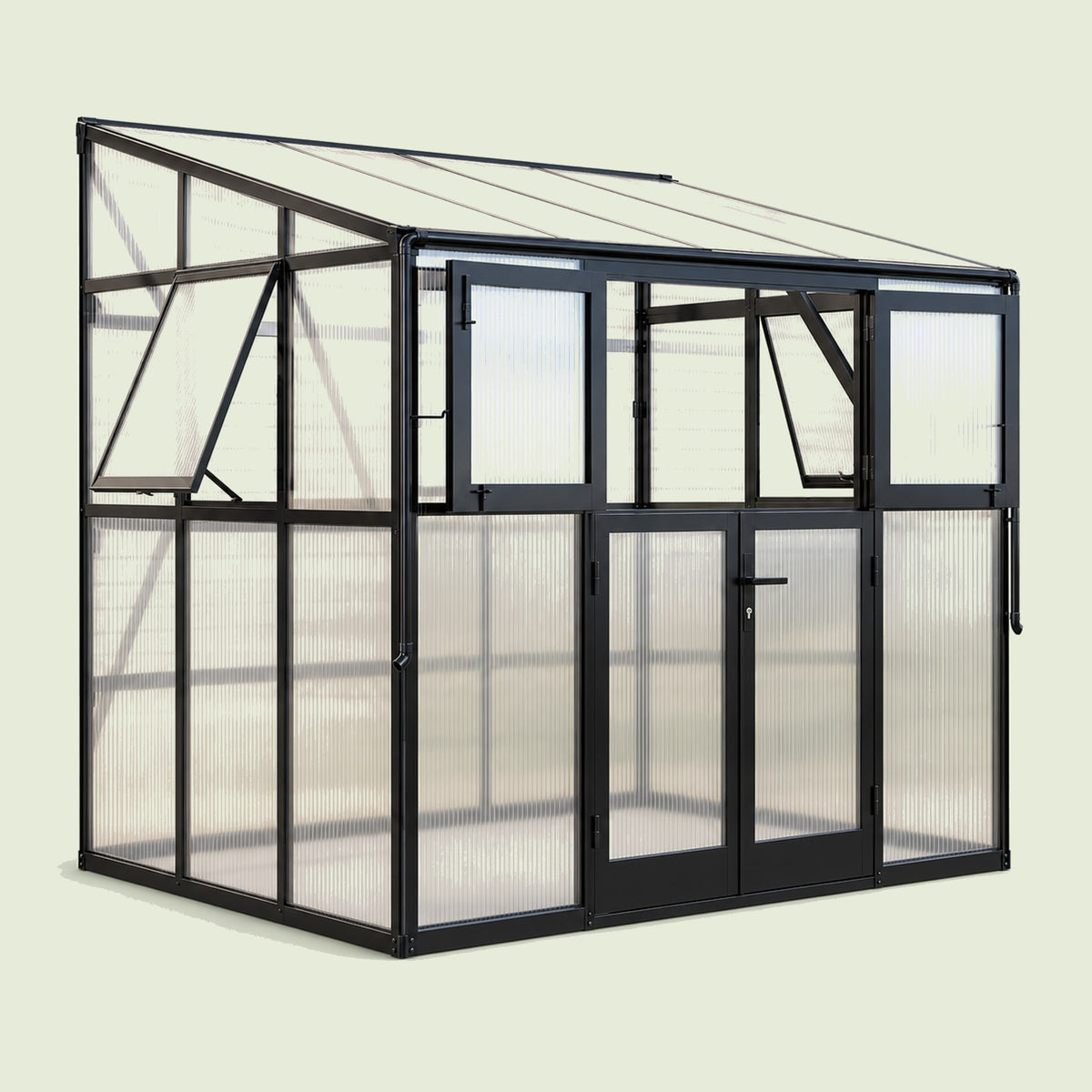 Lean-To Greenhouse, 6.5 x 8.5 Feet on a soft green background