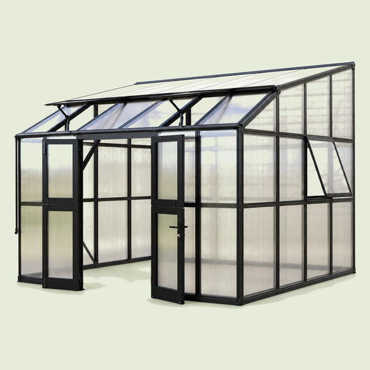 Lean-To Greenhouse, 8.5 x 12.5 Feet on a soft green background