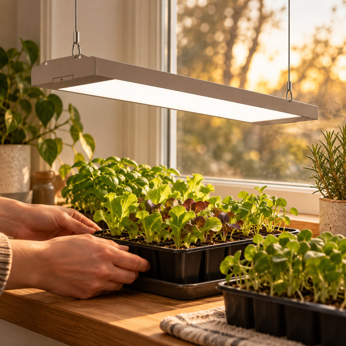 LED Grow Light with Hanging Kit in use in a home garden