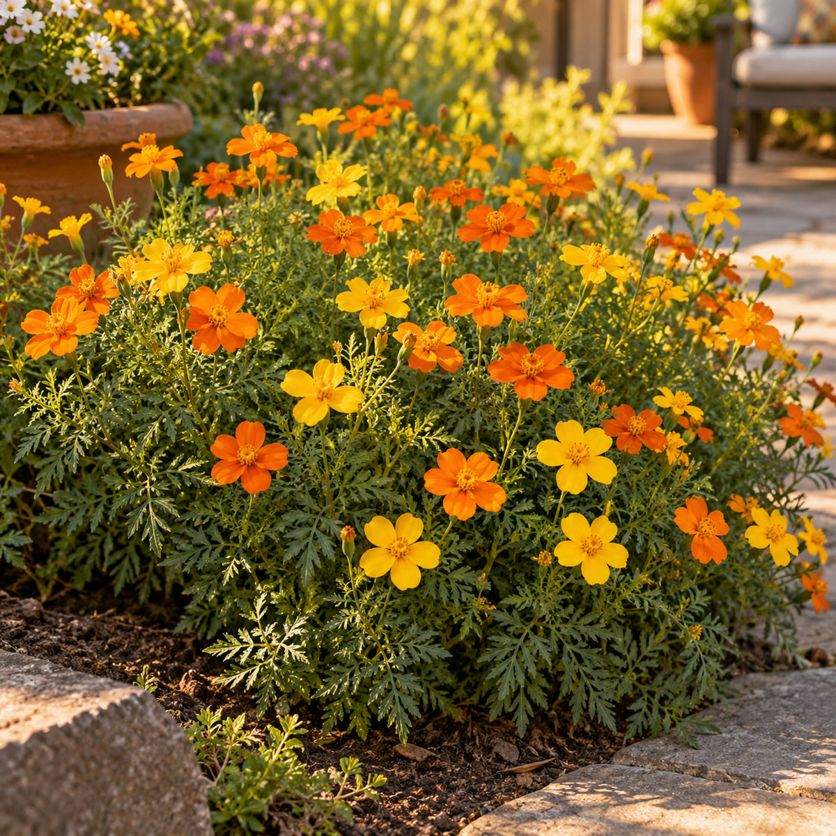 Lemon and Tangerine Signet Marigold Seeds growing in a home garden
