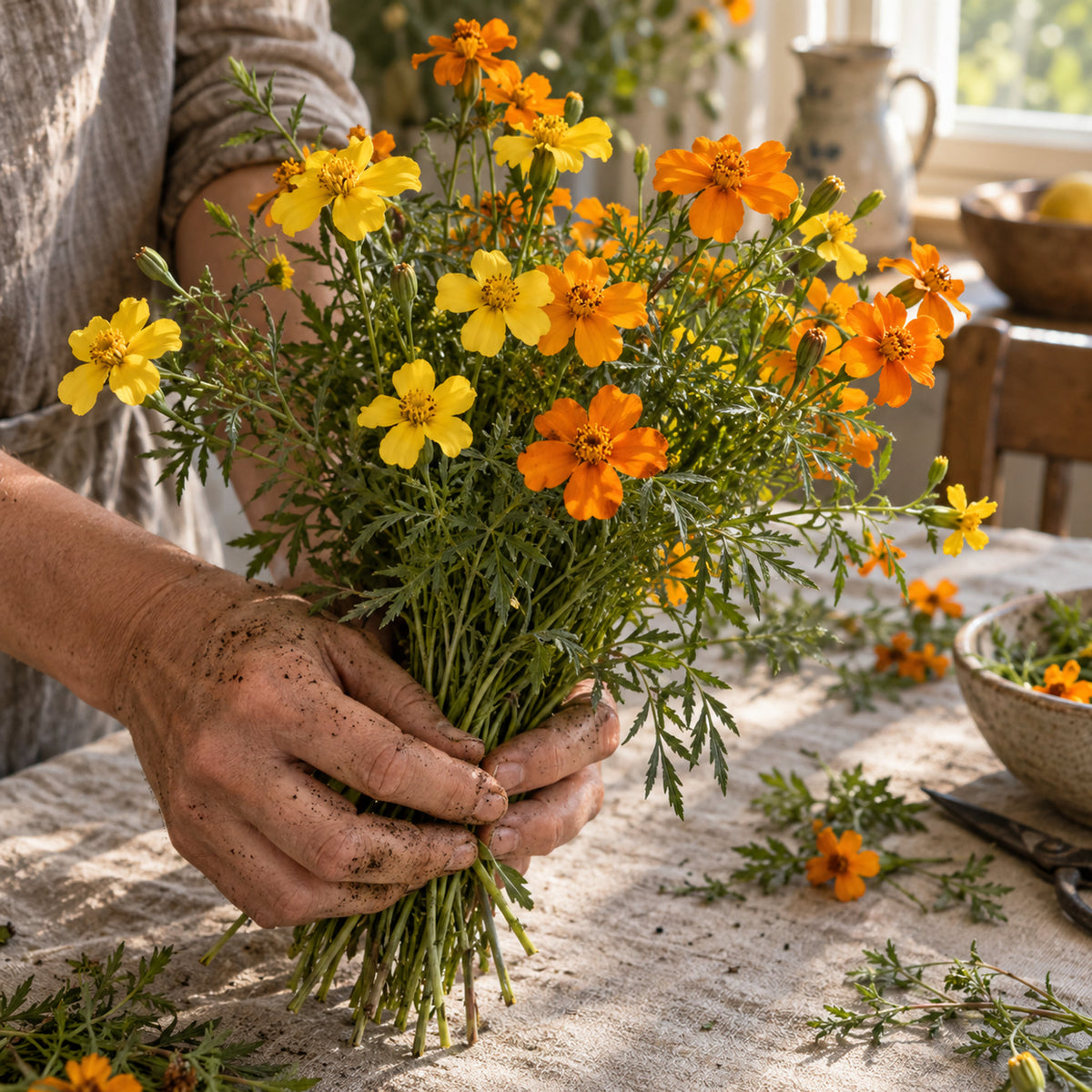 Lemon and Tangerine Signet Marigold Seeds harvest up close