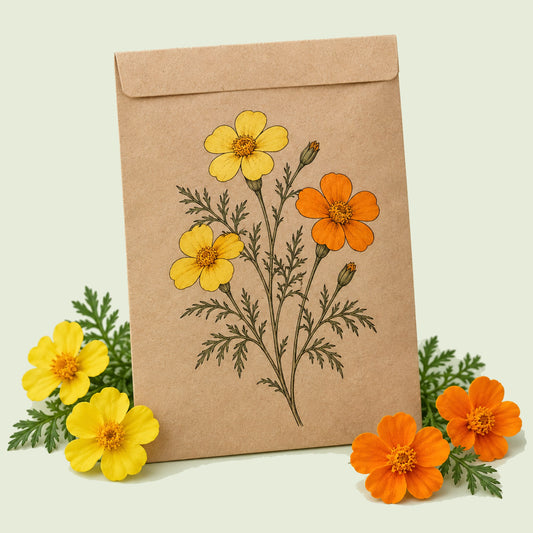 Kraft seed packet illustrated with Lemon and Tangerine Signet Marigold, with fresh Lemon and Tangerine Signet Marigold beside it