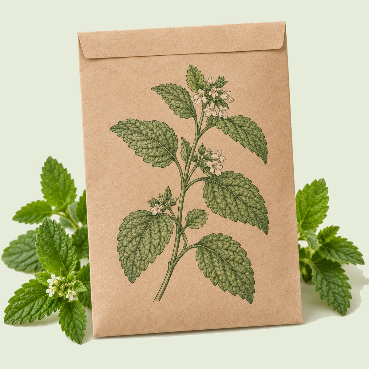 Kraft seed packet illustrated with Lemon Balm Herb, with fresh Lemon Balm Herb beside it