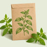 Kraft seed packet illustrated with Lemon Basil Herb, with fresh Lemon Basil Herb beside it