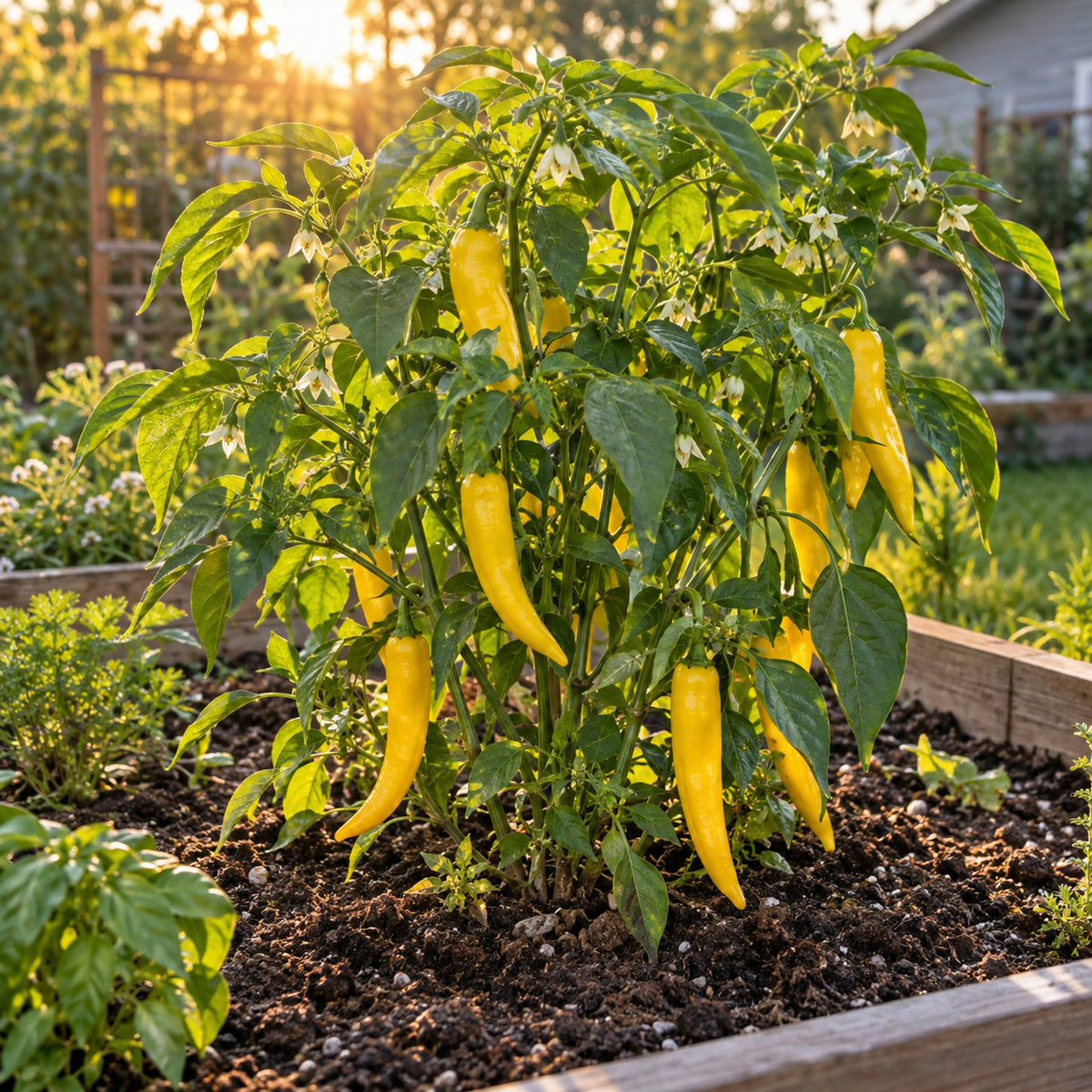 Lemon Drop Chile Pepper Seeds growing in a home garden