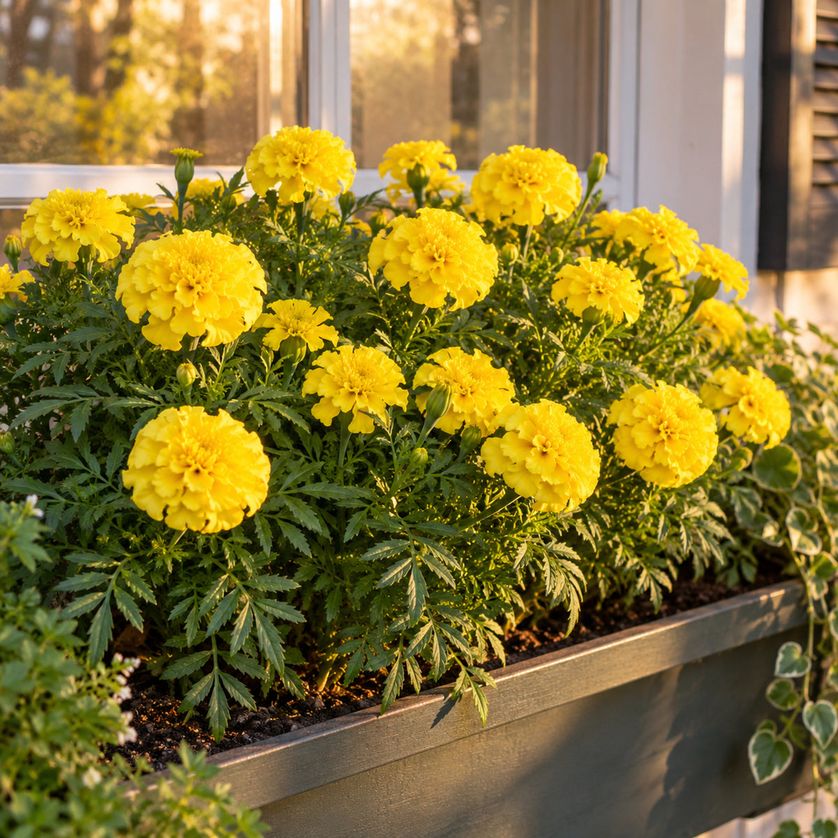 Lemon Drop Yellow French Marigold Seeds growing in a home garden