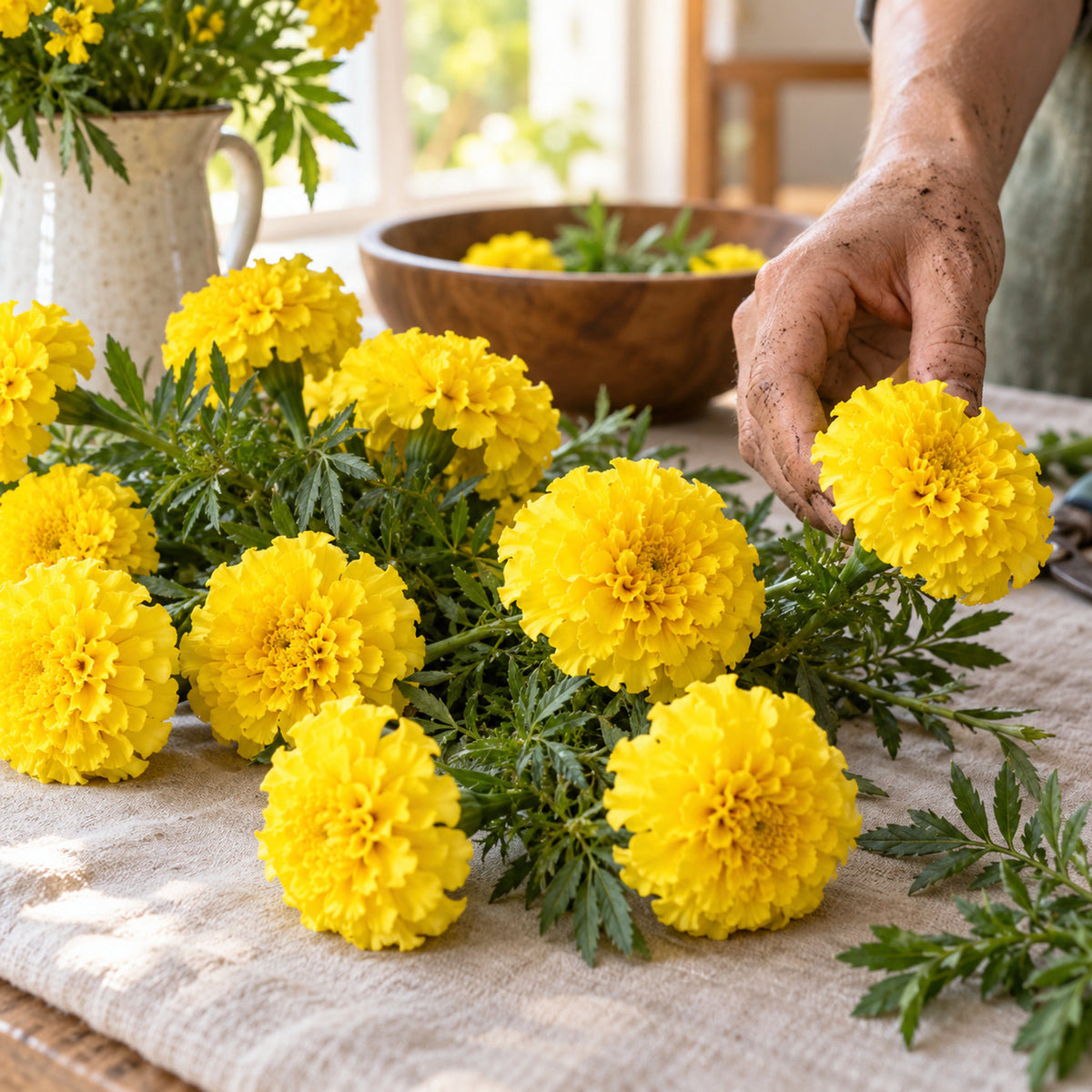 Lemon Drop Yellow French Marigold Seeds harvest up close