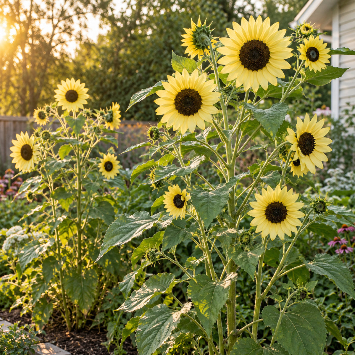 Lemon Queen Sunflower Seeds growing in a home garden