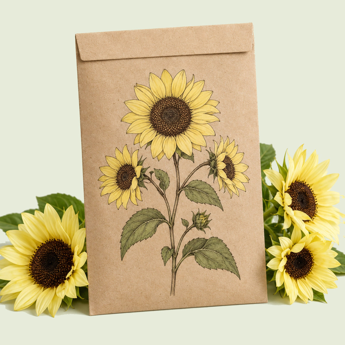 Kraft seed packet illustrated with Lemon Queen Sunflower, with fresh Lemon Queen Sunflower beside it