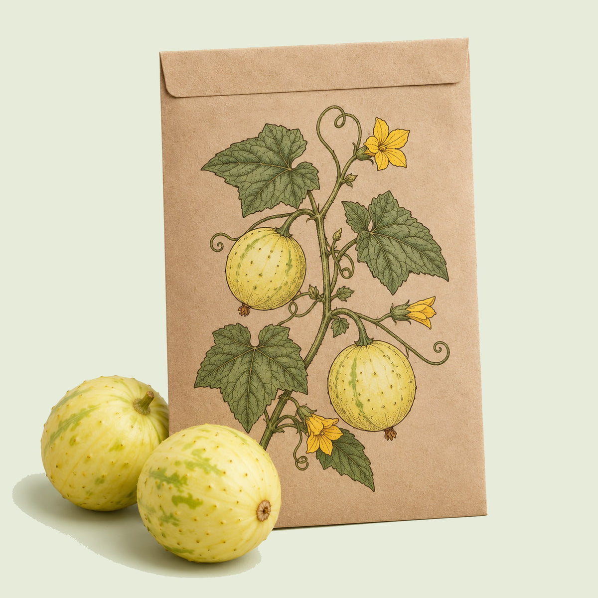 Kraft seed packet illustrated with Lemon Round Cucumber, with fresh Lemon Round Cucumber beside it