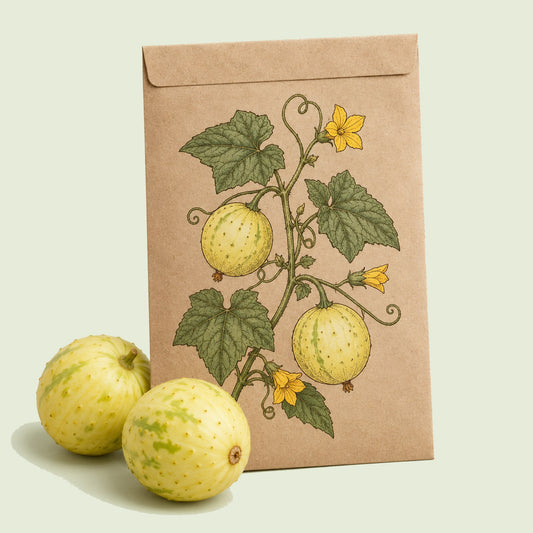 Kraft seed packet illustrated with Lemon Round Cucumber, with fresh Lemon Round Cucumber beside it
