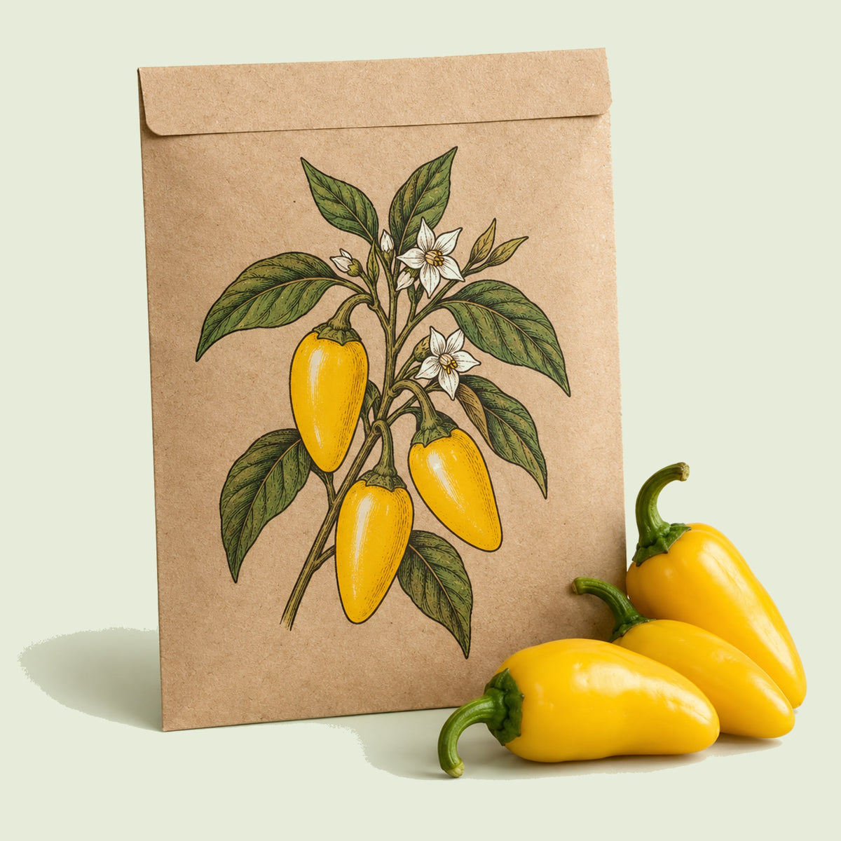 Kraft seed packet illustrated with Lemon Spice Jalapeno Pepper, with fresh Lemon Spice Jalapeno Pepper beside it