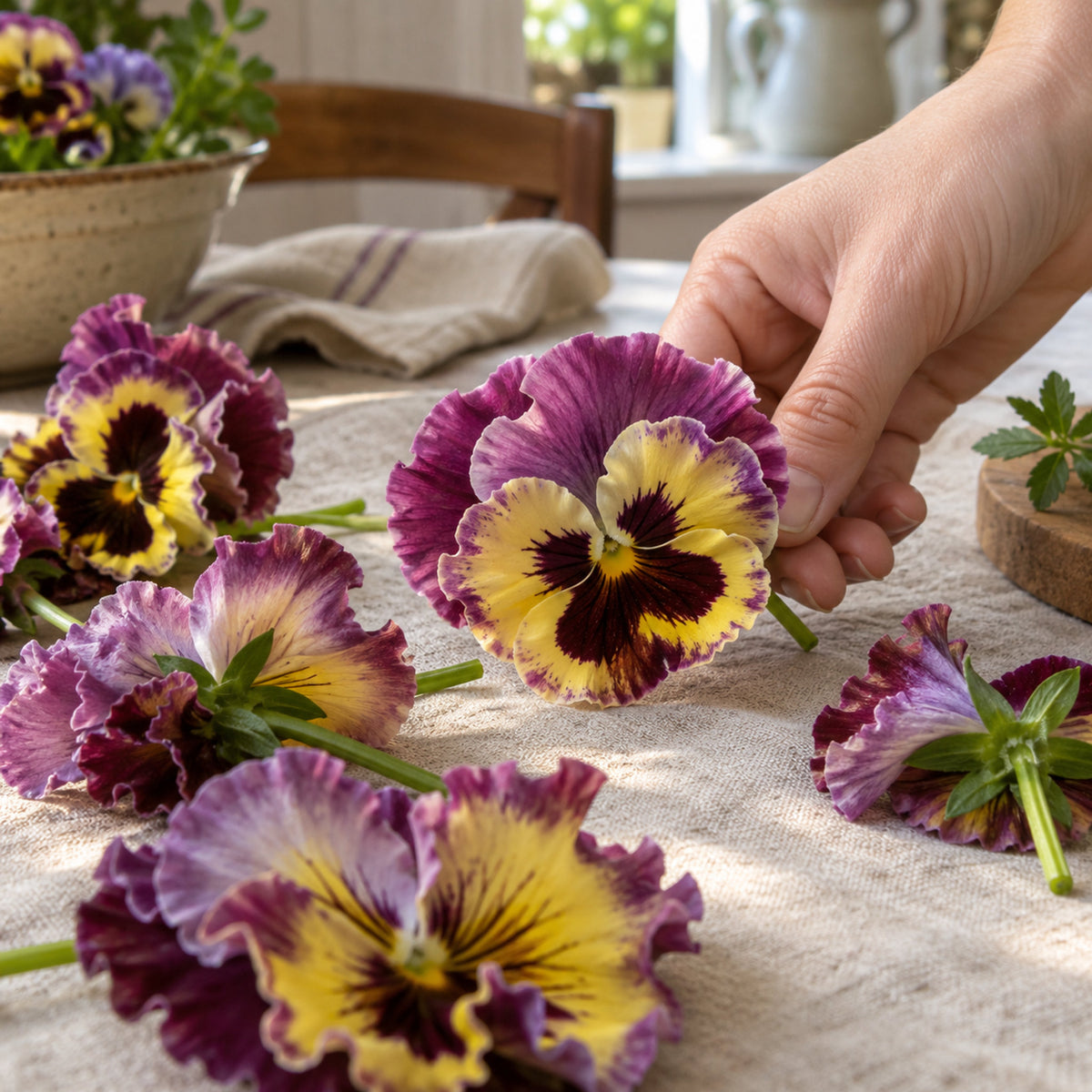 Lemonberry Ruffled Pansy Seeds harvest up close