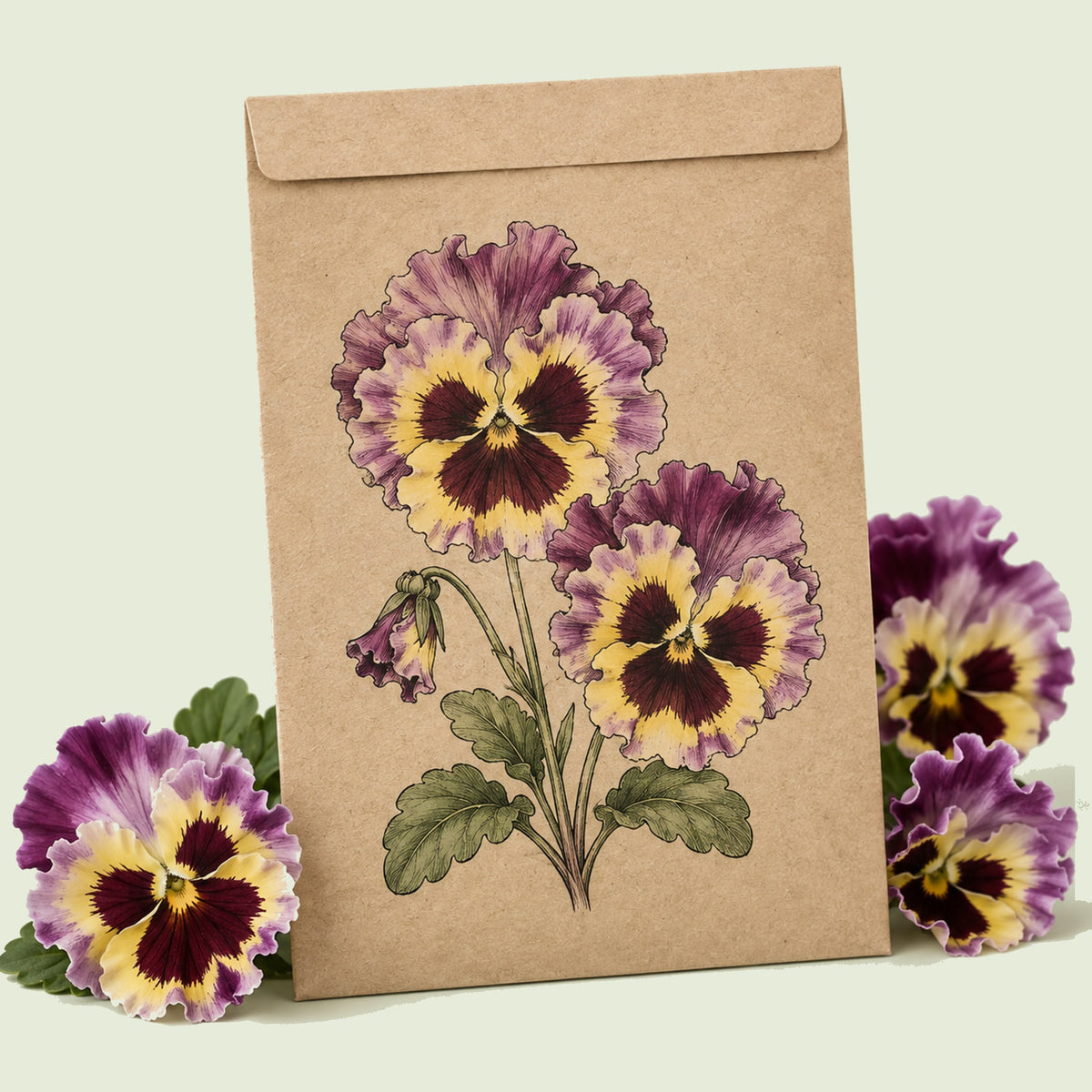 Kraft seed packet illustrated with Lemonberry Ruffled Pansy, with fresh Lemonberry Ruffled Pansy beside it