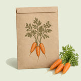 Kraft seed packet illustrated with Little Finger Baby Carrot, with fresh Little Finger Baby Carrot beside it