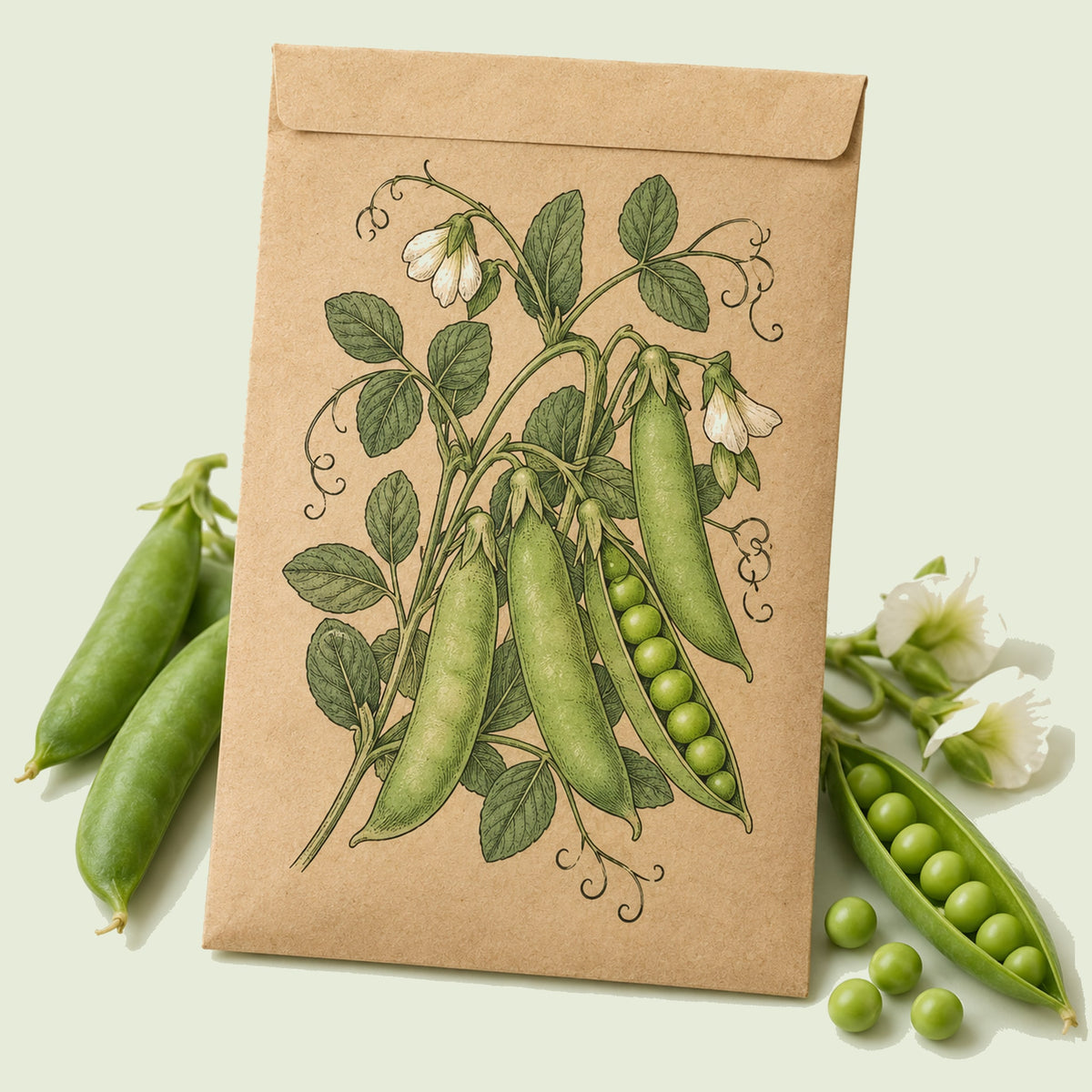 Kraft seed packet illustrated with Little Marvel Shelling Pea, with fresh Little Marvel Shelling Pea beside it