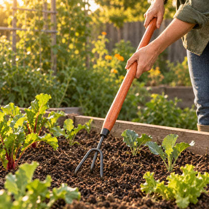 Long-Handle Garden Bed Cultivator in use in a home garden