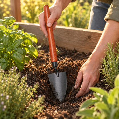 Long-Handle Garden Bed Trowel in use in a home garden