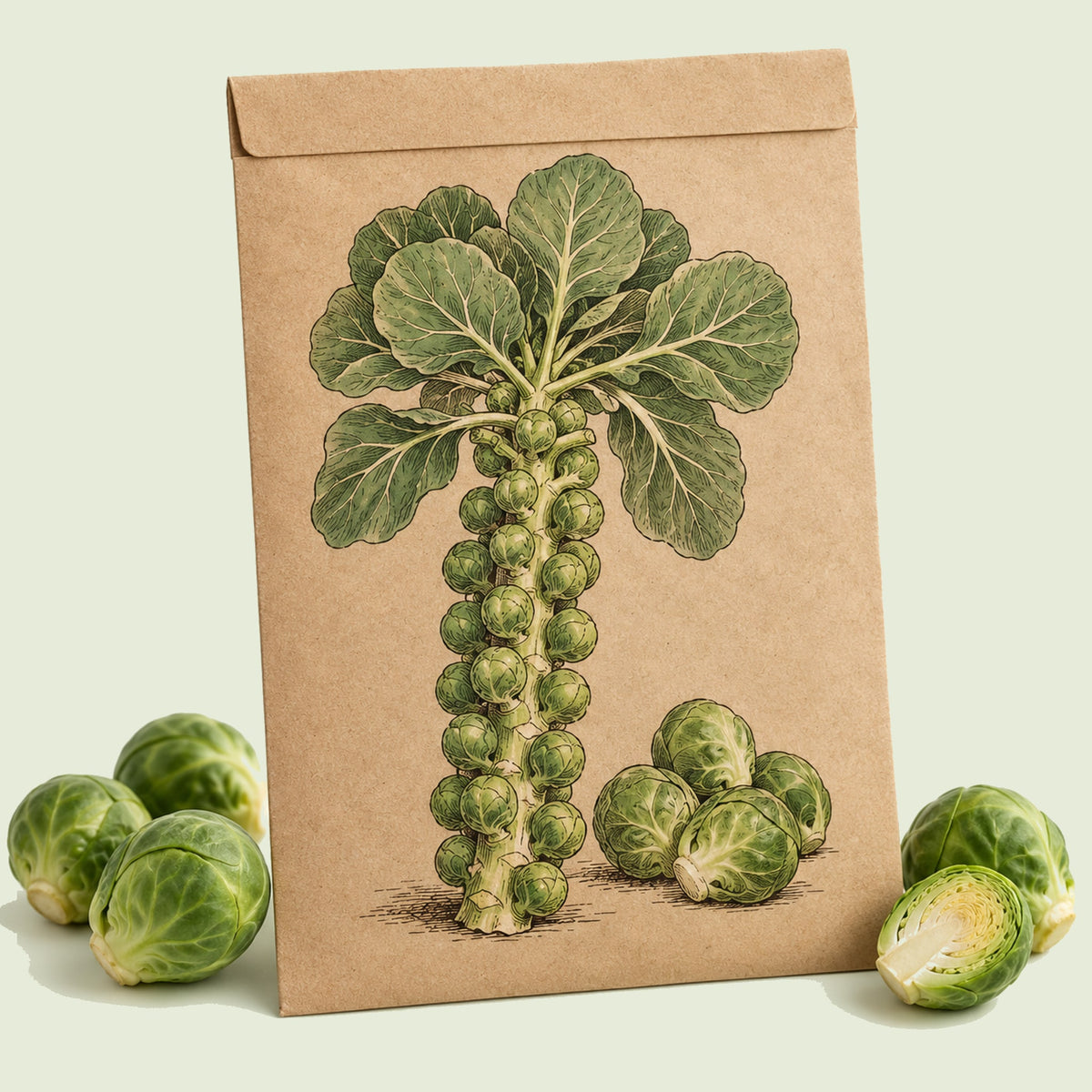 Kraft seed packet illustrated with Long Island Improved Brussels Sprouts, with fresh Long Island Improved Brussels Sprouts beside it