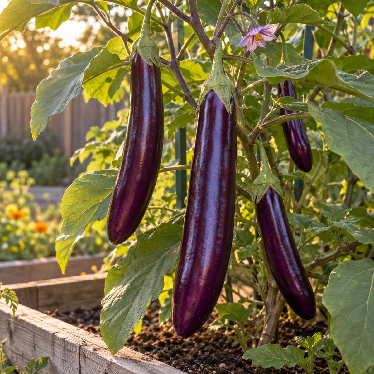 Long Purple Eggplant Seeds growing in a home garden