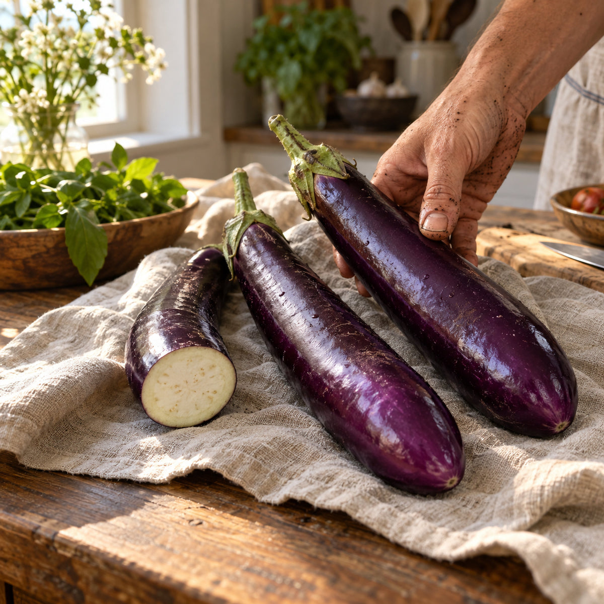 Long Purple Eggplant Seeds harvest up close