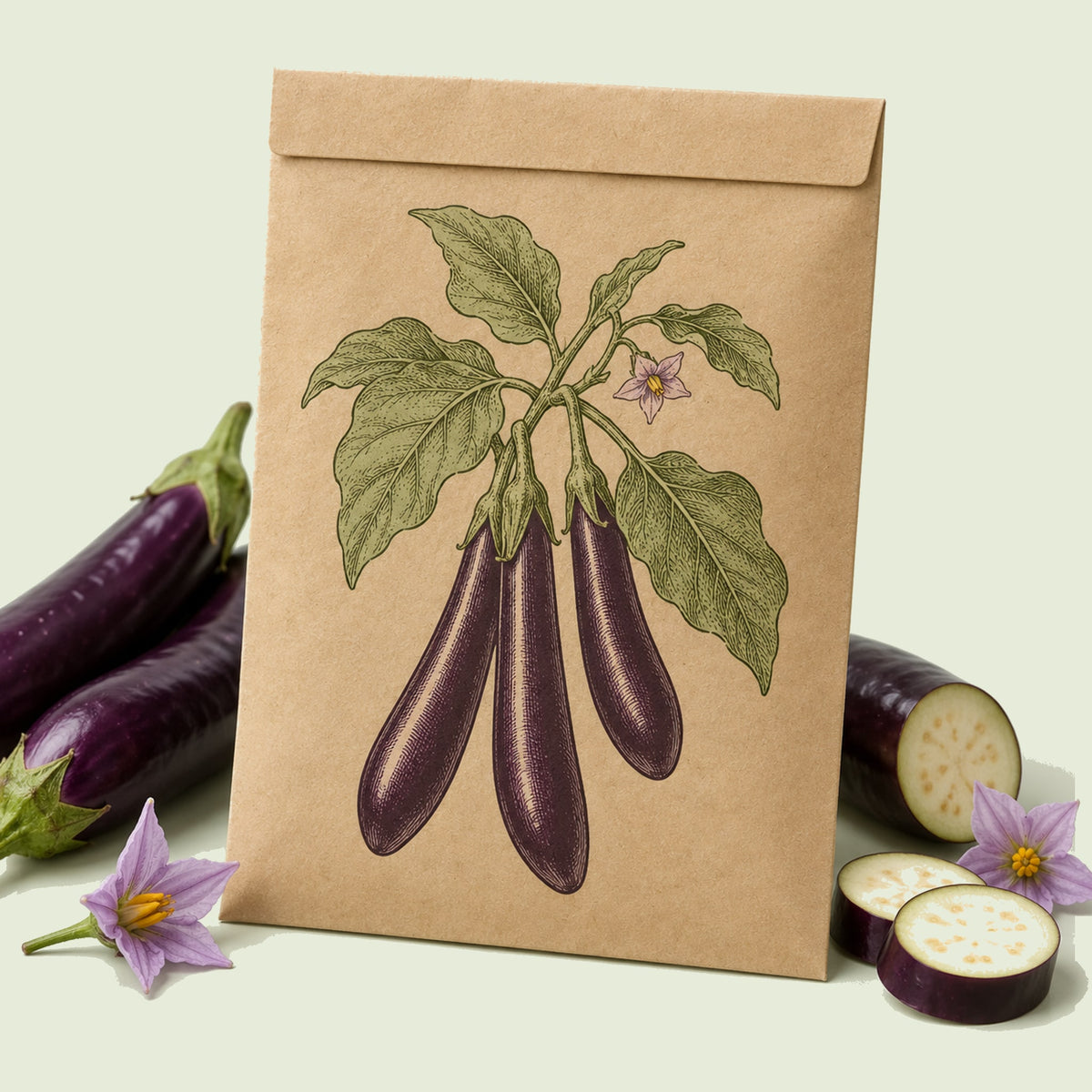 Kraft seed packet illustrated with Long Purple Eggplant, with fresh Long Purple Eggplant beside it