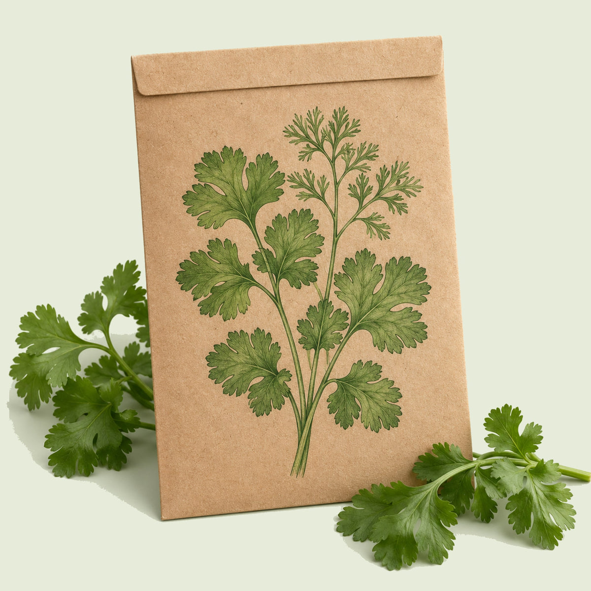 Kraft seed packet illustrated with Long Standing Santo Cilantro, with fresh Long Standing Santo Cilantro beside it