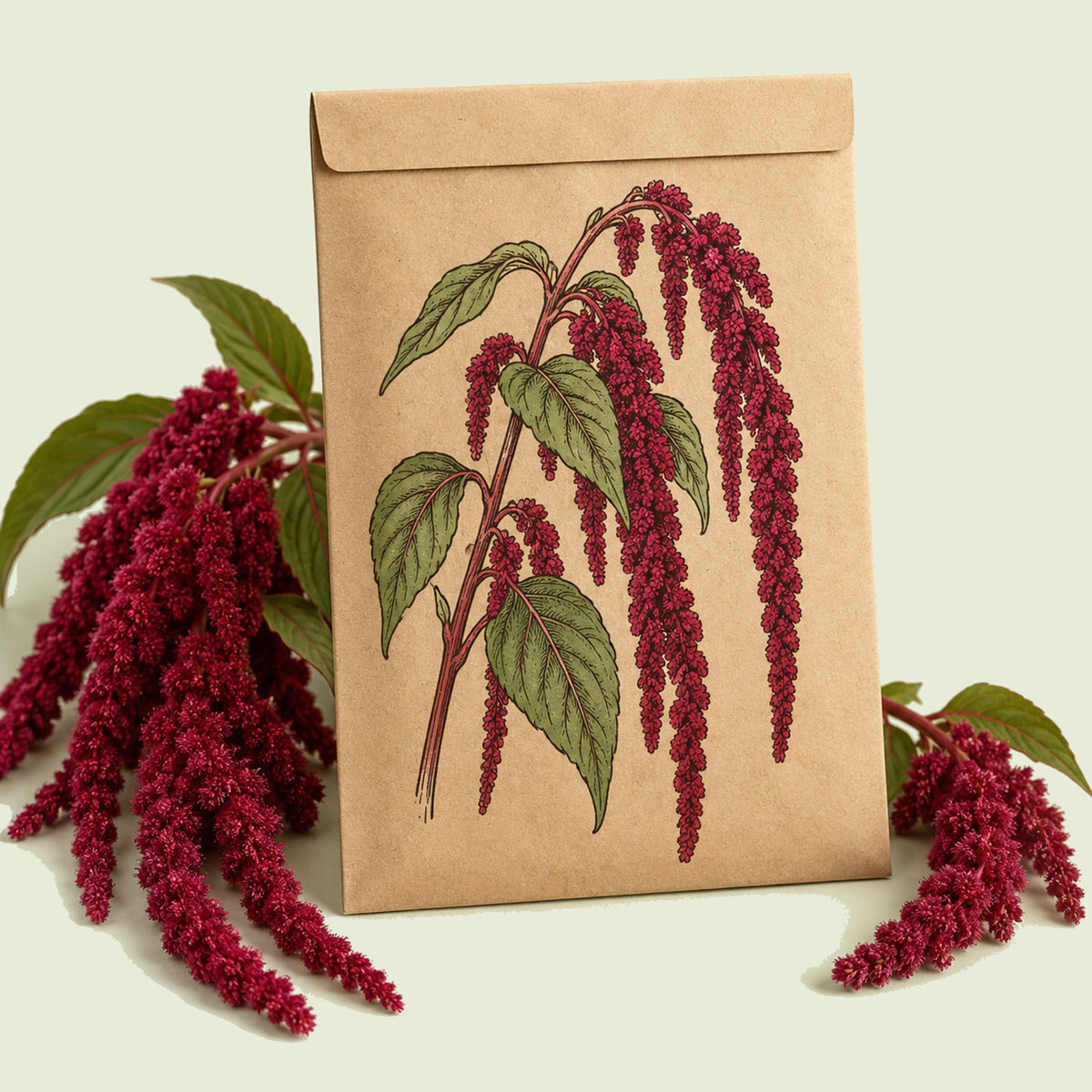 Kraft seed packet illustrated with Love Lies Bleeding Amaranth, with fresh Love Lies Bleeding Amaranth beside it