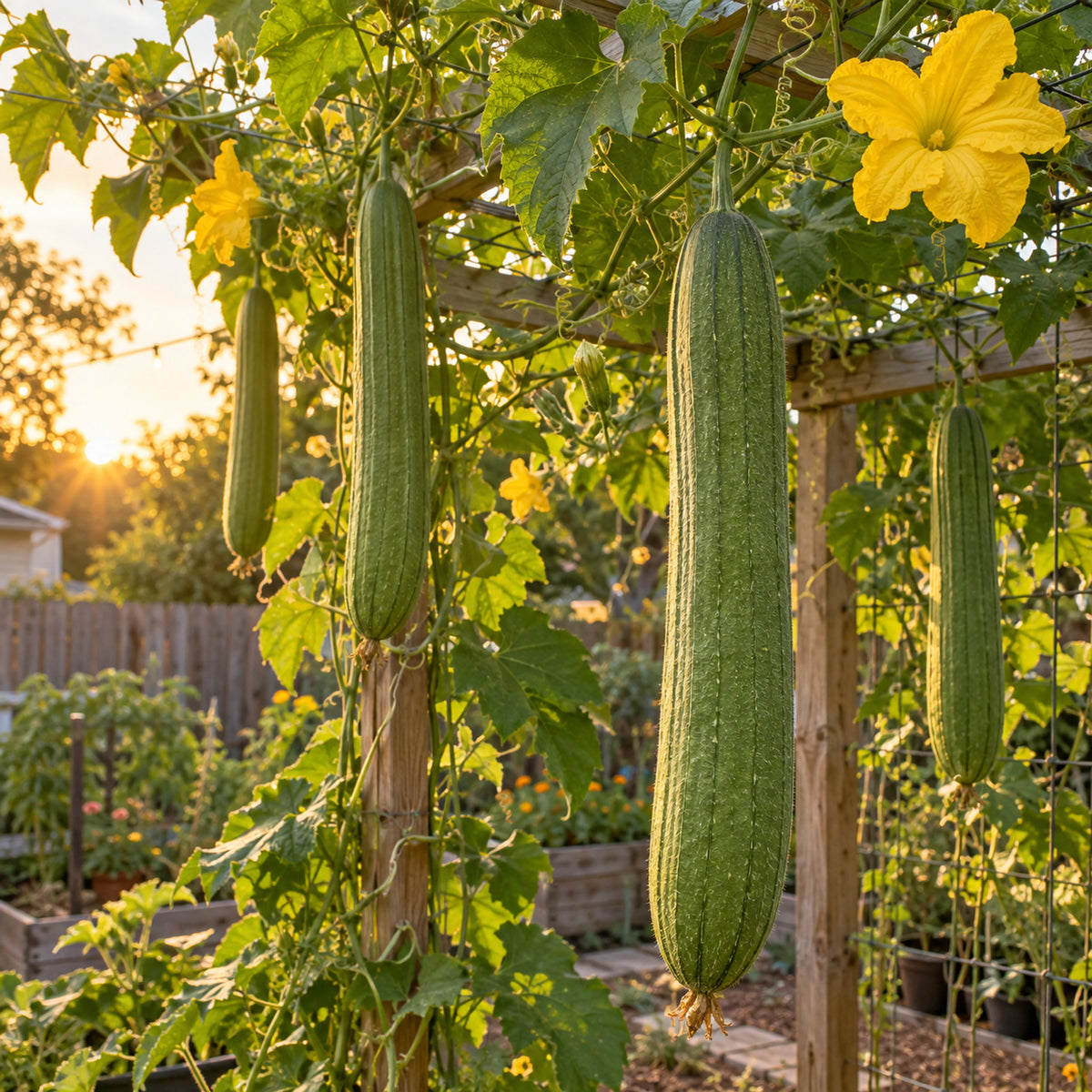 Luffa Sponge Gourd Seeds growing in a home garden