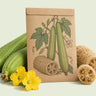 Kraft seed packet illustrated with Luffa Sponge Gourd, with fresh Luffa Sponge Gourd beside it