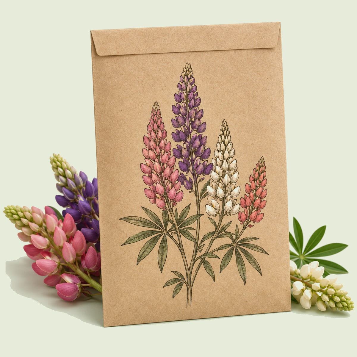 Kraft seed packet illustrated with Lupine, with fresh Lupine beside it