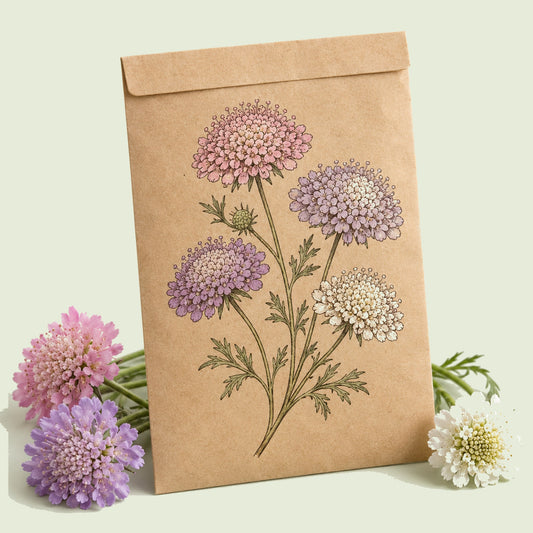 Kraft seed packet illustrated with Madonna Blend Lace Flower, with fresh Madonna Blend Lace Flower beside it