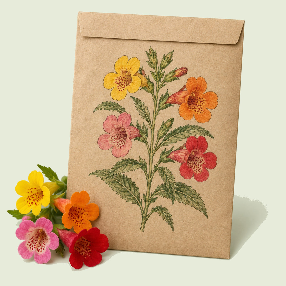 Kraft seed packet illustrated with Magic Mix Monkey Flower, with fresh Magic Mix Monkey Flower beside it