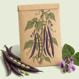 Kraft seed packet illustrated with Majesty Pole Bean, with fresh Majesty Pole Bean beside it