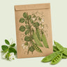 Kraft seed packet illustrated with Mammoth Melting Snow Pea, with fresh Mammoth Melting Snow Pea beside it