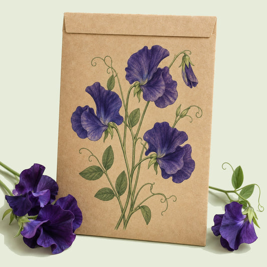 Kraft seed packet illustrated with Mammoth Navy Blue Sweet Pea, with fresh Mammoth Navy Blue Sweet Pea beside it
