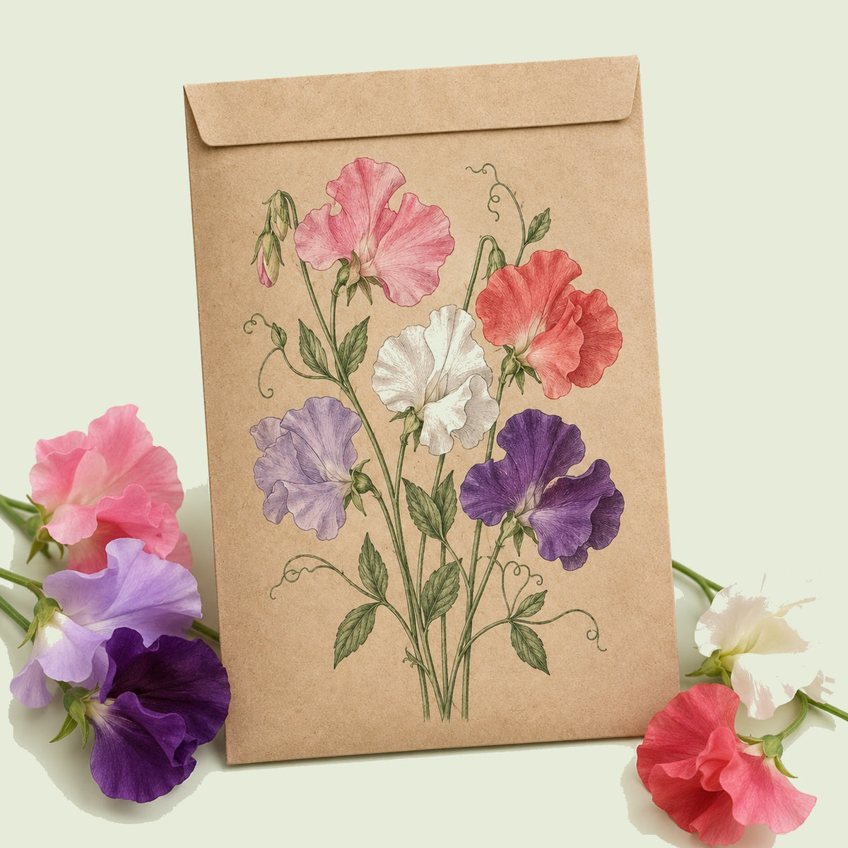 Kraft seed packet illustrated with Mammoth Sweet Pea Flower Mix, with fresh Mammoth Sweet Pea Flower Mix beside it