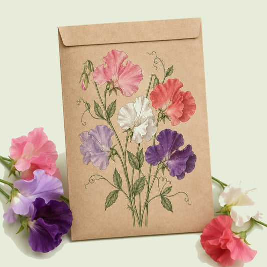 Kraft seed packet illustrated with Mammoth Sweet Pea Flower Mix, with fresh Mammoth Sweet Pea Flower Mix beside it