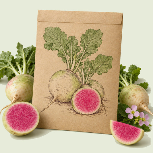 Kraft seed packet illustrated with Mantanghong Watermelon Radish, with fresh Mantanghong Watermelon Radish beside it