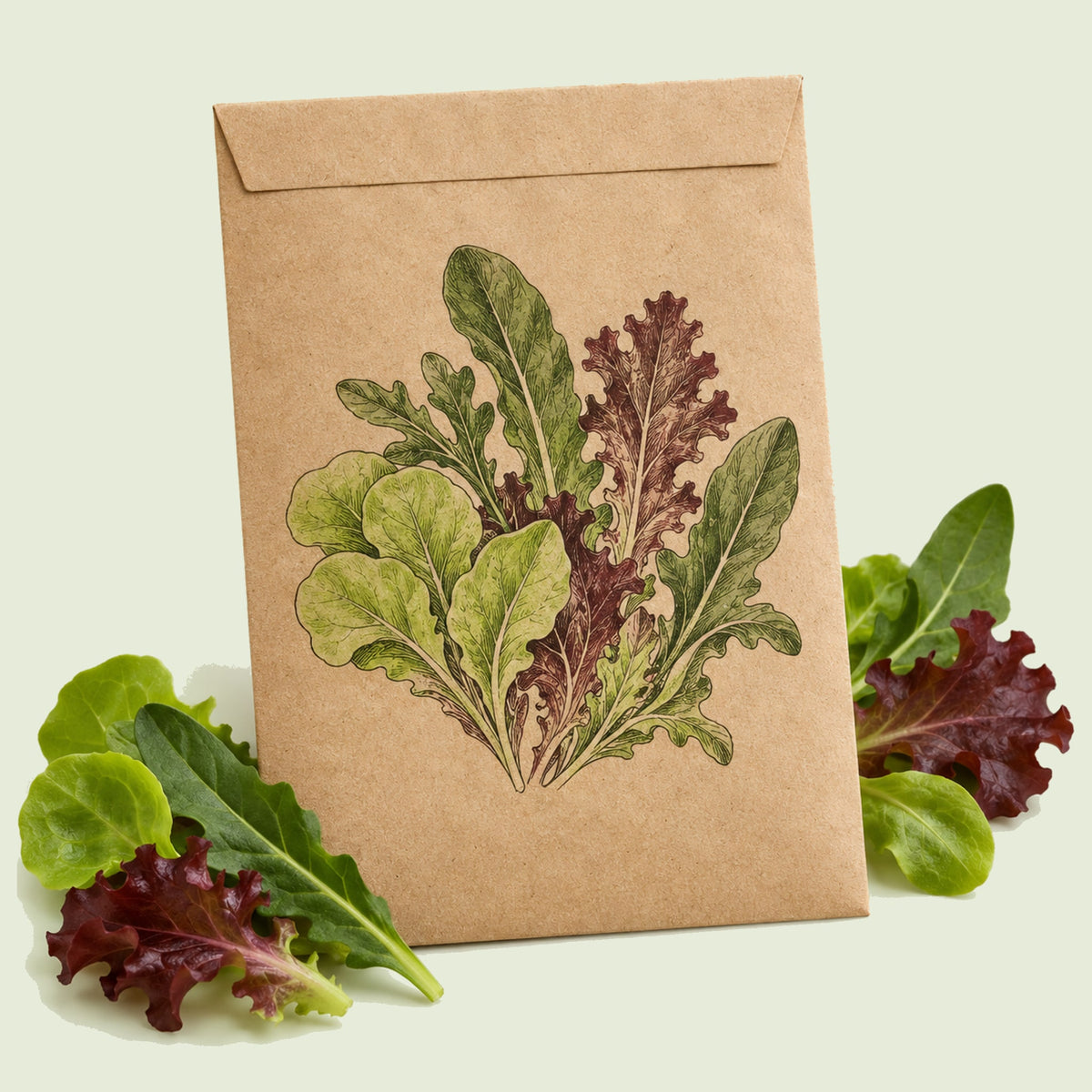 Kraft seed packet illustrated with Market Day Mesclun Lettuce Mix, with fresh Market Day Mesclun Lettuce Mix beside it