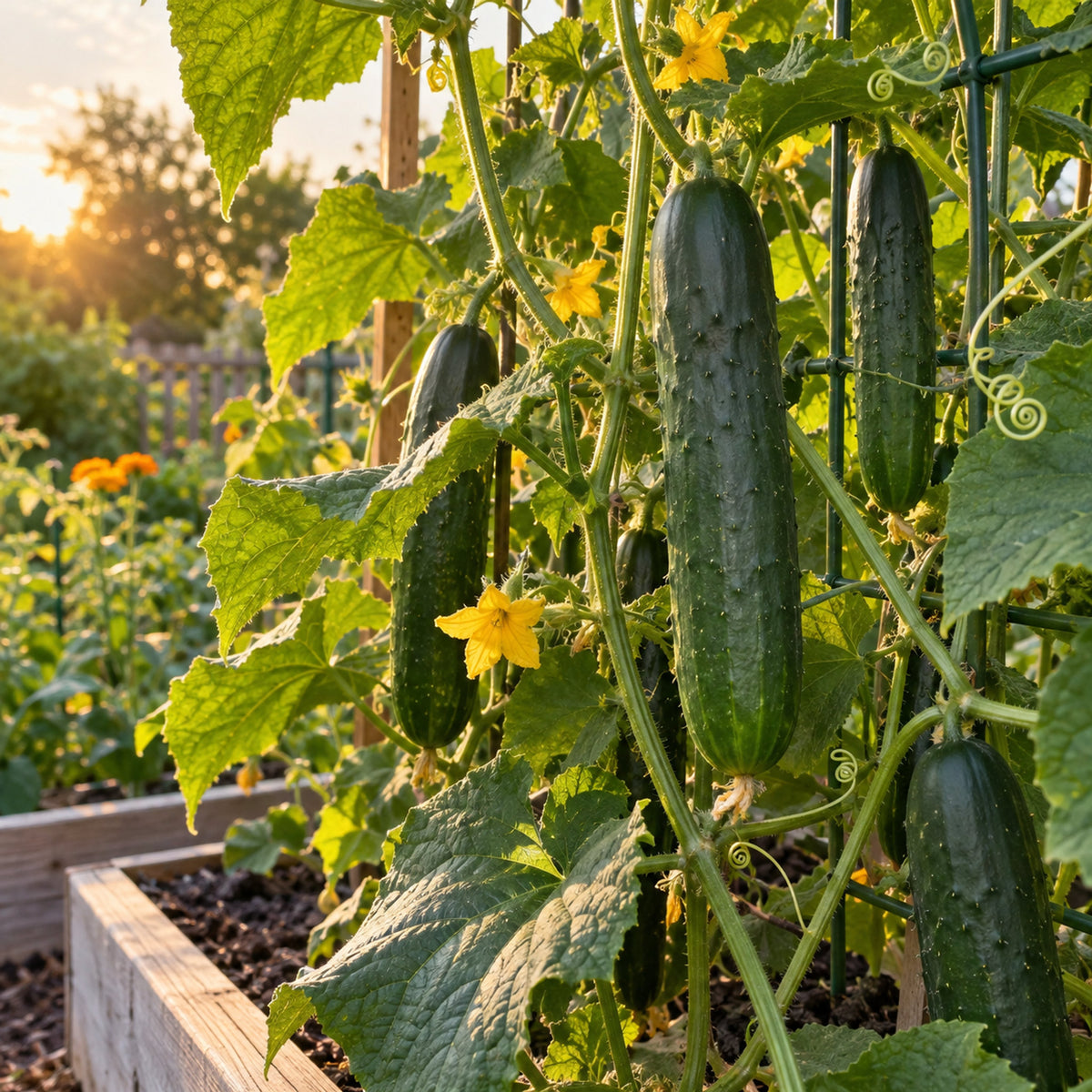 Marketmore Slicing Cucumber Seeds growing in a home garden