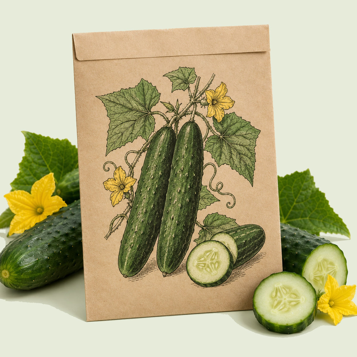 Kraft seed packet illustrated with Marketmore Slicing Cucumber, with fresh Marketmore Slicing Cucumber beside it