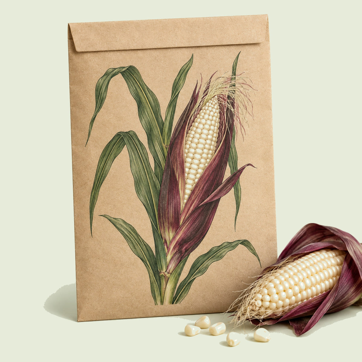 Kraft seed packet illustrated with Martian Jewels Blue Sweet Corn, with fresh Martian Jewels Blue Sweet Corn beside it