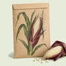 Kraft seed packet illustrated with Martian Jewels Blue Sweet Corn, with fresh Martian Jewels Blue Sweet Corn beside it
