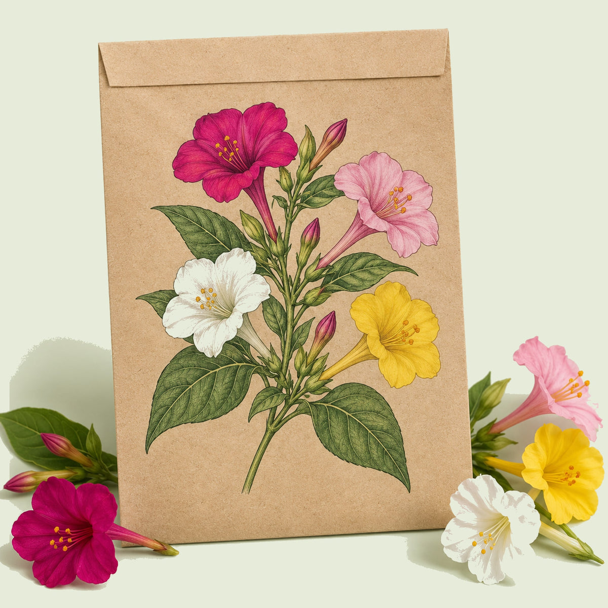 Kraft seed packet illustrated with Marvel of Peru Four O Clock Flower, with fresh Marvel of Peru Four O Clock Flower beside it