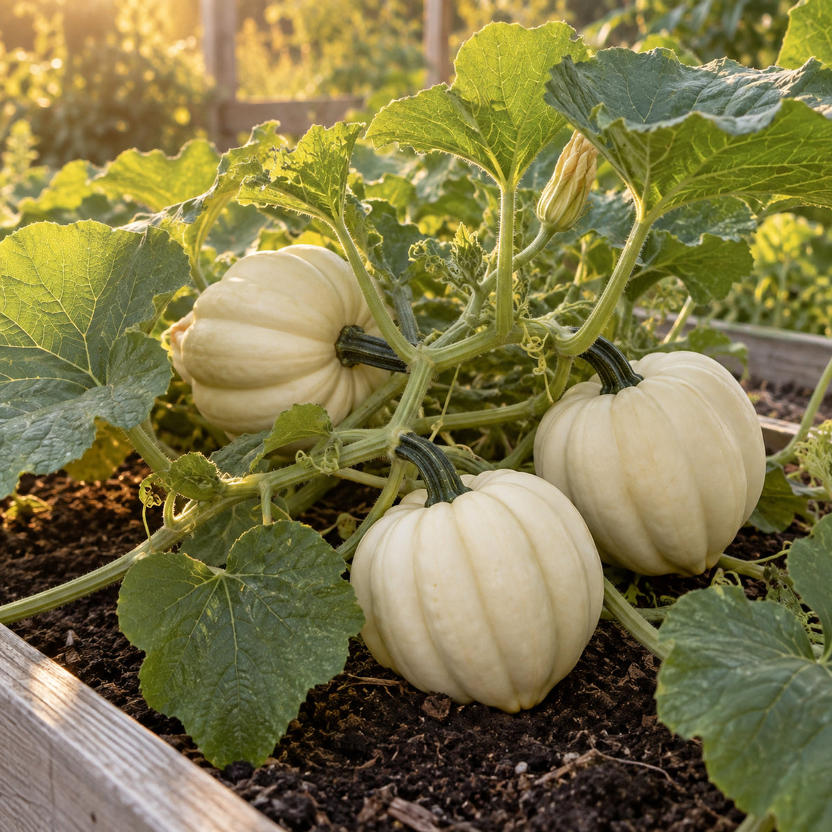 Mashed Potatoes White Acorn Squash Seeds growing in a home garden