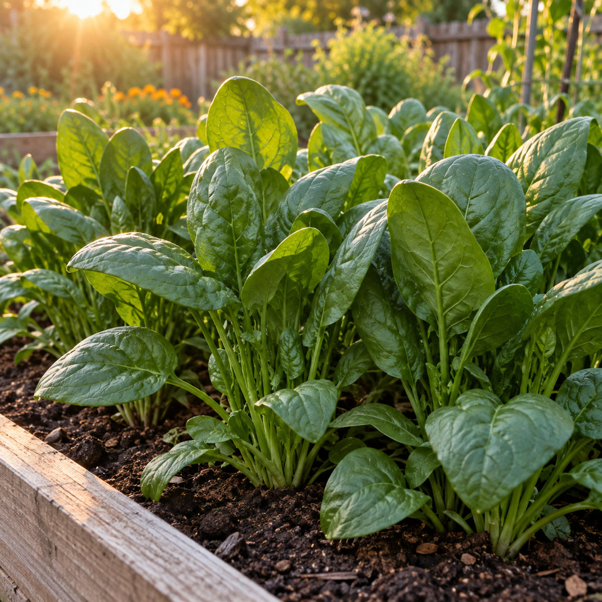Matador Smooth Leaf Spinach Seeds growing in a home garden