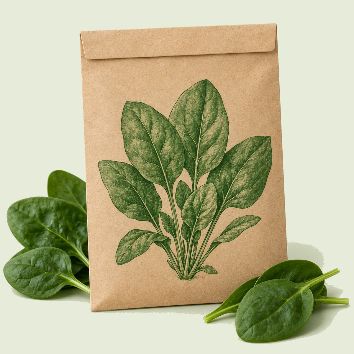 Kraft seed packet illustrated with Matador Smooth Leaf Spinach, with fresh Matador Smooth Leaf Spinach beside it